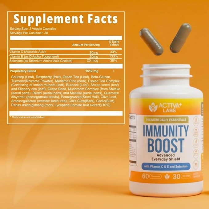 Activa+ Labs Immunity Boost Immune Support Supplement with Vitamin C Vitamin E Selenium &amp Herbal Antioxidant Complex | Gut &amp Energy Balance | Non-GMO Sugar-Free Vegan | 60 Capsules 60 Days