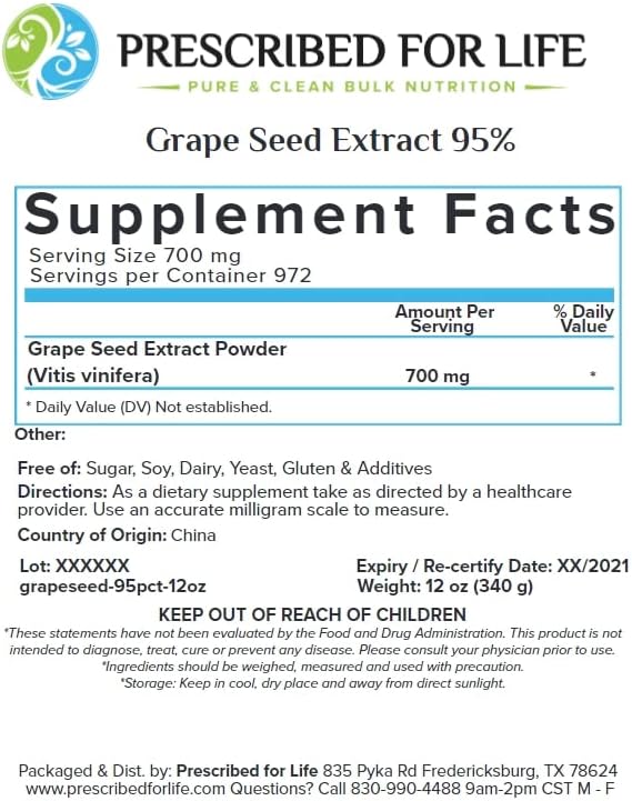 Prescribed For Life Grape Skin Powder | 20% Polyphenols | Natural Abundant Source of Antioxidants | Unbleached Gluten Free Vegan Non-GMO Soy Free Kosher No Fillers (1 kg)