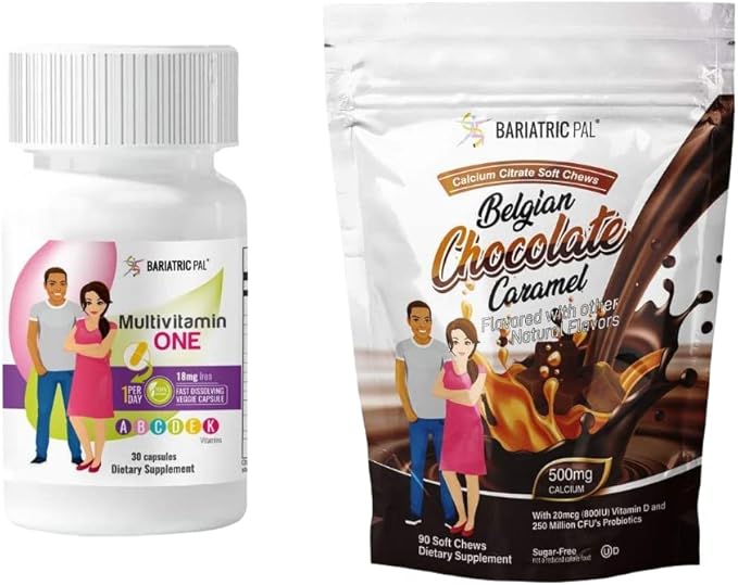 BariatricPal 30-Day Bariatric Vitamin Bundle (Multivitamin ONE 1 per Day! Capsule with 18mg Iron and Calcium Citrate Soft Chews 500mg with Probiotics - Belgian Chocolate Caramel)