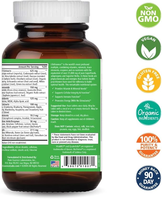 PURE ESSENCE LABS LifeEssence Multivitamin for Women and Men - Natural Herbal Supplement - Vitamin D Vitamin D3 Vitamin B12 Biotin with Whole Foods (120 Tablets)
