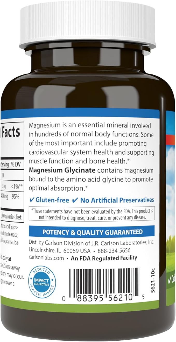 Carlson – Buffered Magnesium 400 mg – Gentle Absorption for Heart &amp Muscle Function Bone Support 120 Tablets