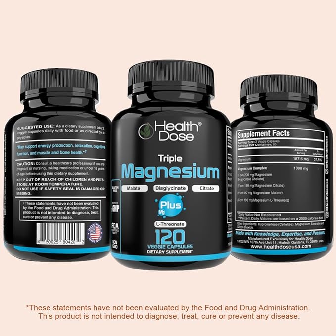 Health Dose Triple Magnesium Complex 1000 mg | L-Threonate Bisglycinate Citrate &amp Malate Blend | Support for Muscle Relaxation Sleep &amp Cognitive Function | 120 Capsules | All-in-One Formula
