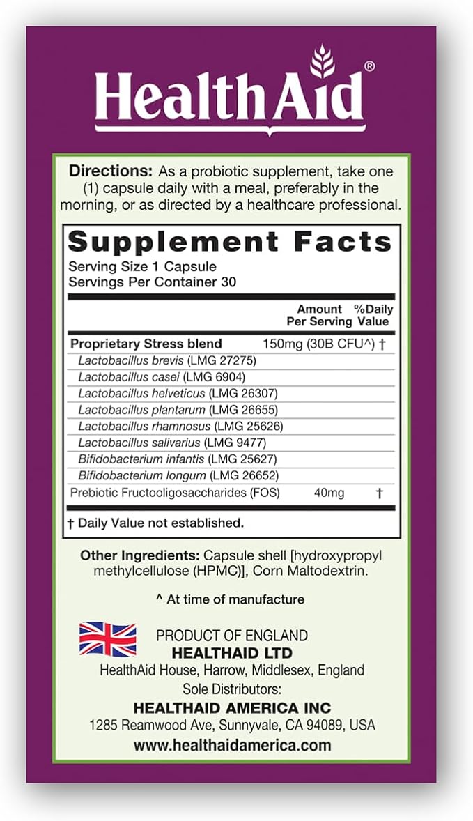 HealthAid StressProbio – Gut-Brain Probiotic Supplement 30 Billion CFU 8 Vegan Strains + Prebiotic 30 Capsules Supports Gut Health &amp Emotional Well-Being*