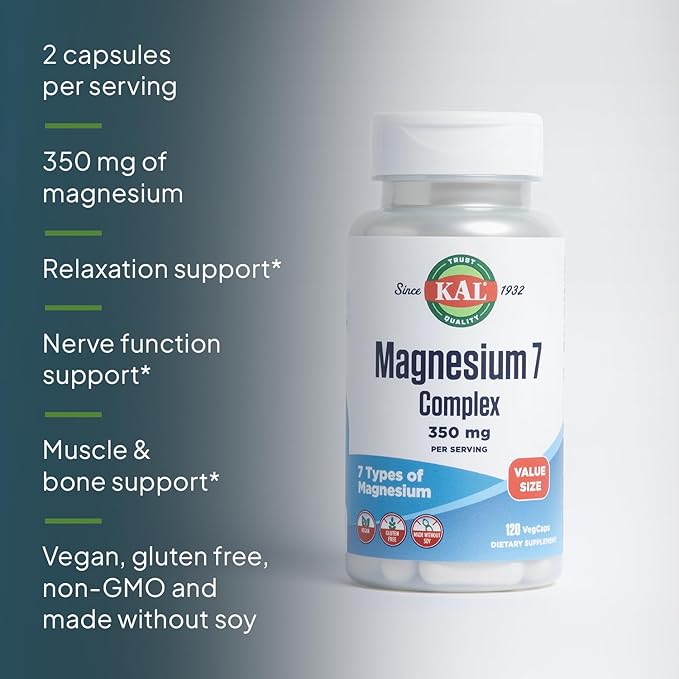 KAL Magnesium Complex 7 - Total Complex with Magnesium Glycinate Citrate Malate and More - Relaxation and Whole Body Support Supplements - Vegan 60-Day Guarantee - 60 Servings - 120 VegCaps