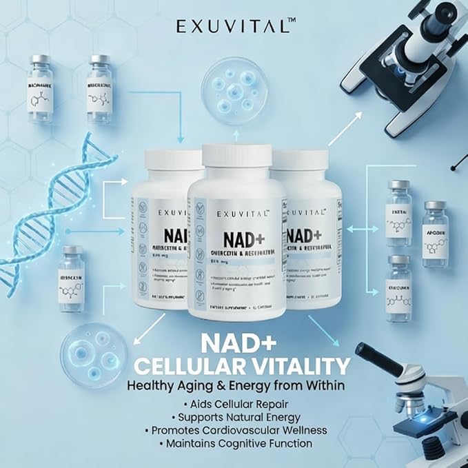 NAD+ Cellular Energy and Healthy Aging Support 60 Capsules with Quercetin and Resveratrol 500mg Metabolism Support DNA Repair Resveratol and Quercetin