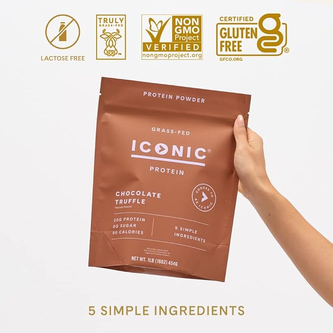 ICONIC Protein Powder Chocolate Truffle - Sugar Free Low Carb Protein Powder - Lactose Free Gluten Free Non-GMO - 20g Grass Fed Whey &amp Casein Protein - Keto Friendly 1 lb. Pouch (17 Servings)