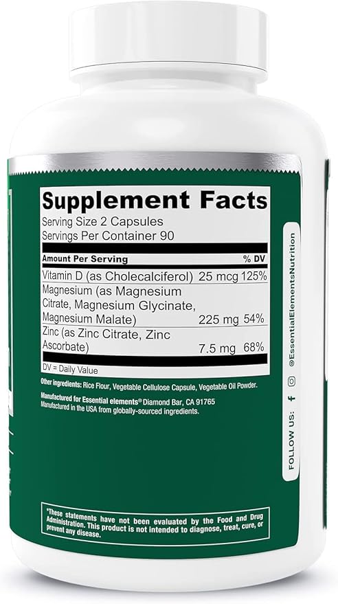 Essential Elements Magnesium Plus Zinc with Vitamin D3 - Scientifically Formulated Heart Bone &amp Muscle Support - 225mg Triple-Strength Magnesium Complex with Glycinate Malate Citrate - 540 Cou