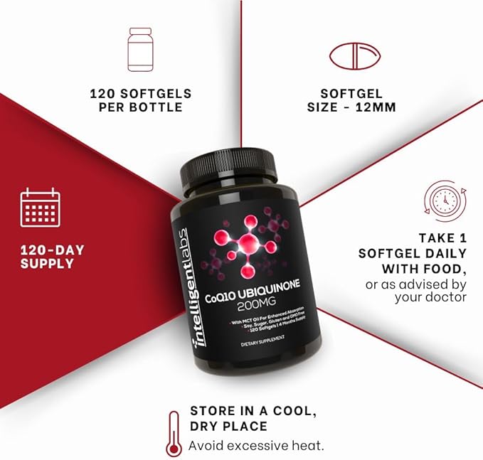 Intelligent Labs CoQ10 Ubiquinone 200mg Softgels | Coenzyme Q10 with MCT Oil for Max Absorption | Soy Sugar Gluten and GMO-Free | 120 Servings | 120 Days Supply