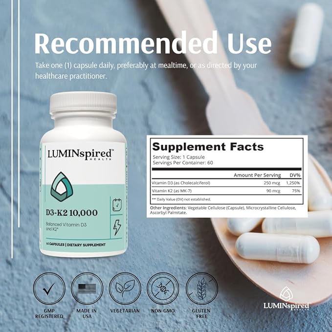 LUMINSPIRED HEALTH Vitamin D3 K2 10000 IU (250 mcg) High Potency Dietary Gluten Free Vitamin Supplements for Healthy Bones Muscles Immune Support &amp Heart Health Non-GMO - 60 Counts Vegan Capsu