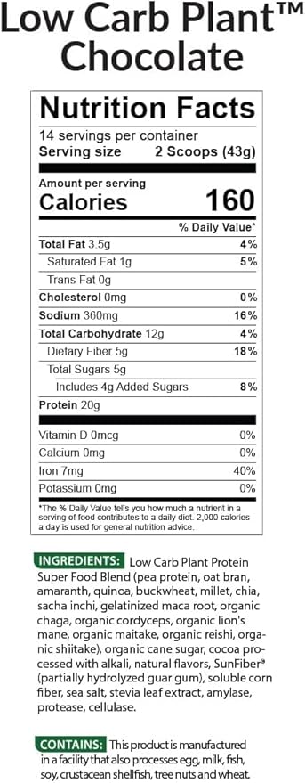 BioTrust Low Carb Plant Delicious Creamy 20 Grams of Clean Complete Plant-Based Protein 5 Grams Fiber 15 Superfoods Digestive Enzymes Vegan Dairy-Free - 14 Servings (Chocolate)
