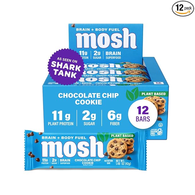 MOSH Chocolate Chip Cookie Vegan Protein Bars Plant Based Keto Gluten Free Brain Healthy Snack with Cognizin Ashwagandha and Lion's Mane 12 Count