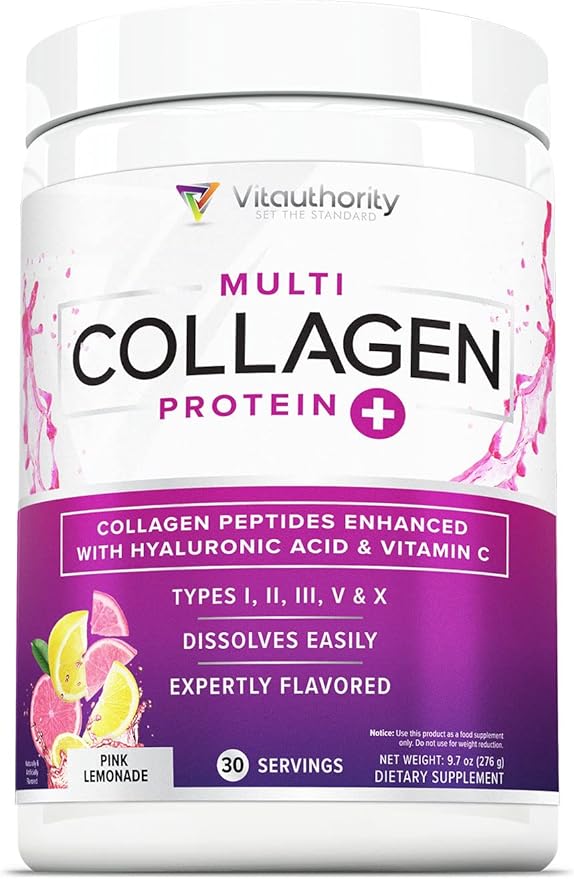 Multi Collagen Peptides Powder for Women - Hydrolyzed Flavored Collagen Powder for Women with Types I II III V &amp X Vitamin C &amp Hyaluronic Acid for Hair Skin and Nails (Pink Lemonade) - 30 Serv