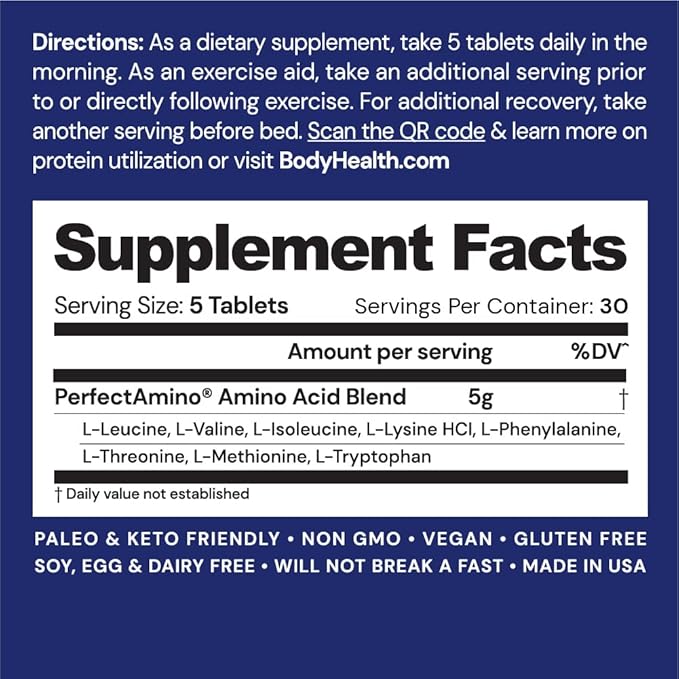 BodyHealth PerfectAmino Tablets (150ct Plus 30ct Travel Bottle) Essential Amino Acid with BCAAs + Lysine Phenylalanine Threonine Methionine Tryptophan Supplement for Recovery &amp Strength