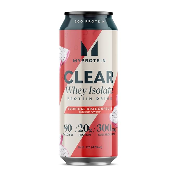 Myprotein Clear Whey Isolate Ready-to-Drink Protein Tropical Dragonfruit 16 Fl Oz Pack of 12 20g Protein 80 Calories Sugar-Free Refreshing Fruity Flavored Beverage for Superior Performance