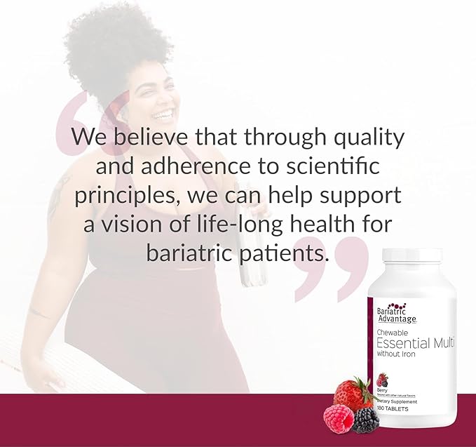 Bariatric Advantage Chewable Essential Multivitamin Without Iron - 200 DV of Key Nutrients - Trace Mineral Support - Multivitamins for Bariatric Patients - Berry - 180 Count