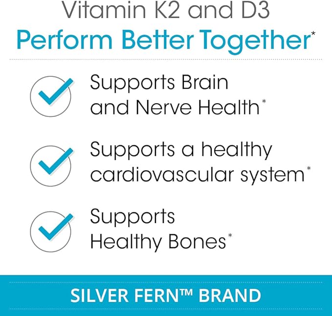 Silver Fern Vitamin K2-D3 Supplement Brand - Natural Non-Synthetic - K2-7 as Menaquinone-7 (MK-7) - D3 as cholecalciferol - Bone Heart &amp Energy Support (1 Bottle - 30 Capsules - 30 Servings)
