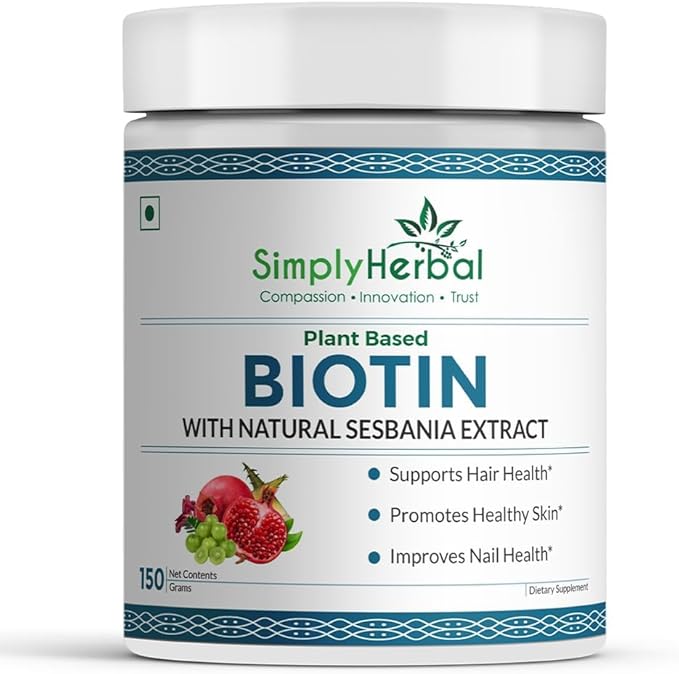 Natural Biotin Powder Vitamin B7 Supplement with Sesbania Agati Keratin Bamboo Shoot Extract Pomegranate and Amla for Stronger Shiner Hair &amp Healthier Skin for Men &amp Women – 150 gm