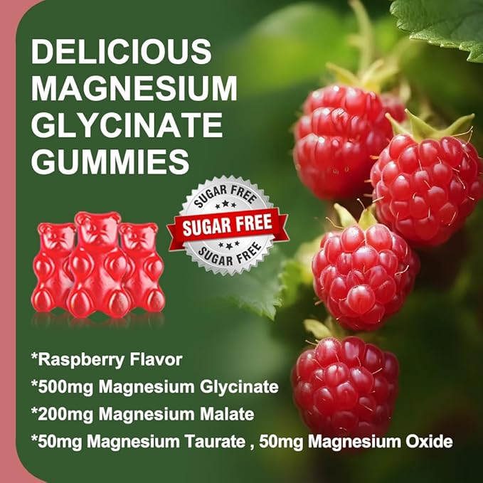 Sugar Free Magnesium Glycinate Gummies 500mg Magnesium Glycinate with 200mg Magnesium Malate Taurate Oxide COQ10 Vitamin B6 and D3 Relaxation Calm Mood 60 Raspberry Gummies(3 Pack)