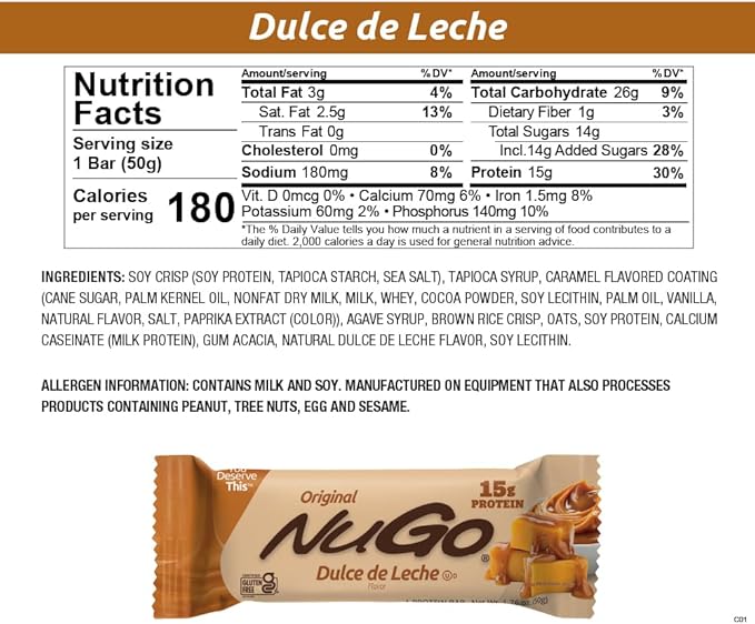 NuGo Protein Bar NEW! Dulce De Leche 15 bars &amp Churro 15 bars 11-15g Protein Gluten Free 30 Count