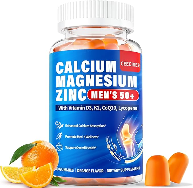Calcium Citrate Gummies for Men 50+: Chewable Calcium Magnesium Zinc Supplement Plus 2000IU Vitamin D3 K2 B6 B12 Boron Manganese Lycopene CoQ10 - Extra Absorption Sugar Free Vegan(60Count)