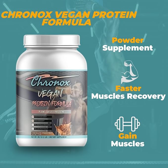 Chronox Vegan Protein Powder-Chocolate Flavor Plant-Based Protein Formula for Muscle Support &amp Recovery Smooth Mixing Pre &amp Post Workout Nutrition 2 LB