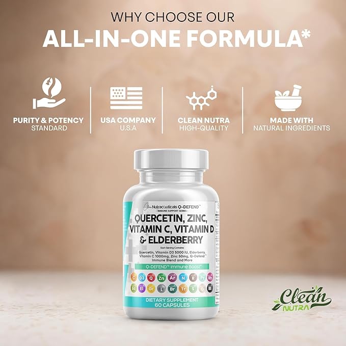 Q Defend Quercetin Supplement with Zinc Vitamin C Vitamin D Elderberry Turmeric Black Pepper Garlic Ginger Sea Moss Lysine Stinging Nettle Reishi Immune Support 60 Capsules Pack of 2 by Clean Nutra