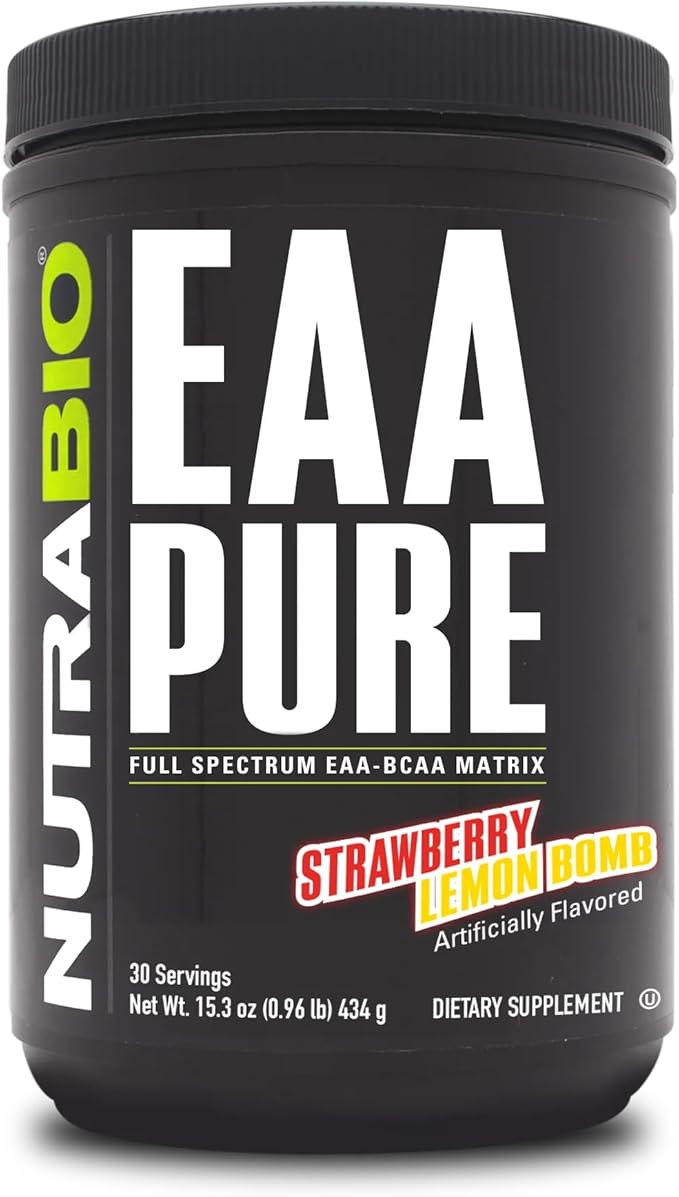 NutraBio – EAA Pure – 9 Amino Acids – Muscle Repair and Recovery 30 Servings Strawberry Lemon Bomb – Pre or Post Workout – All Day Recovery