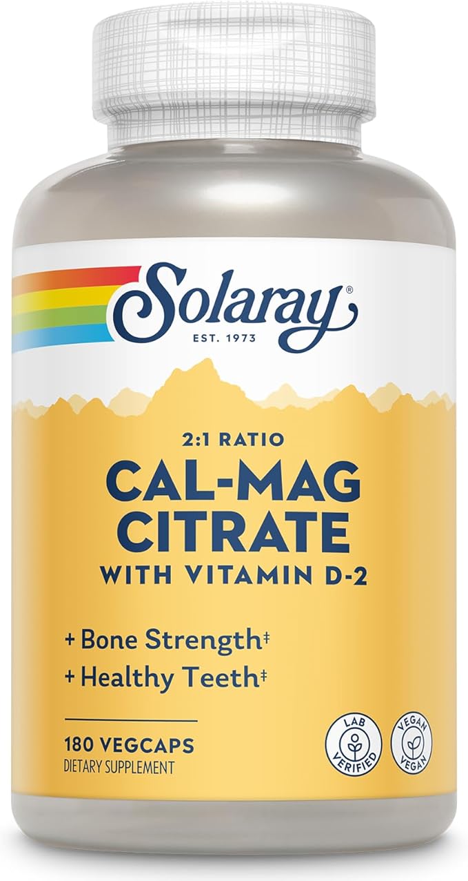 Solaray Calcium Magnesium Citrate 2:1 Ratio - Calcium Supplements for Women and Men w/Magnesium and Vitamin D 2 - Bone Health Muscle and Nerve Support - Vegan 60-Day Guarantee 30 Serv 180 VegCaps