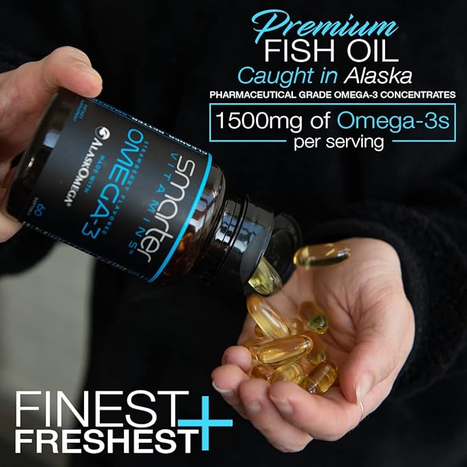 (2 Pack) Smarter Omega 3 Fish Oil Berry Flavor Burpless Tasteless 2000mg Potent Triple Strength DHA EPA Brain OMEGA3 Made with AlaskOmega®