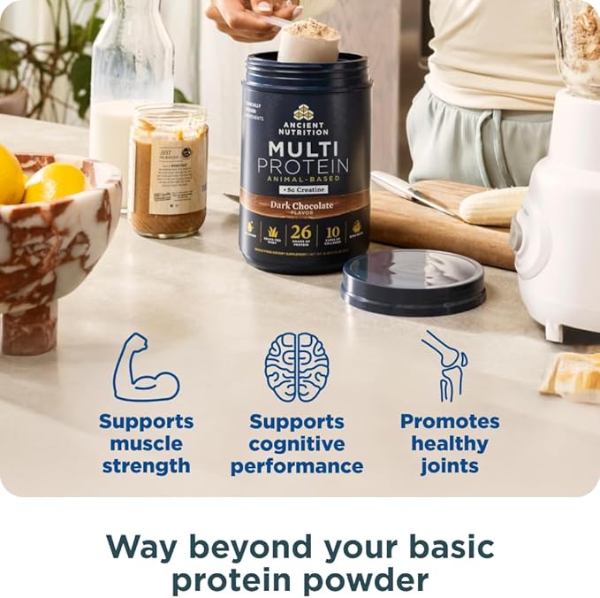 Ancient Nutrition Multi Protein Animal Based Powder + Creatine 26g Protein Grass Fed Whey Bone Broth Collagen Peptides 5g Creatine Monohydrate Colostrum &amp Probiotics Dark Chocolate 15 Serv
