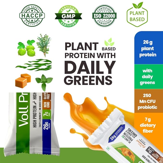 Voll Pro Plant Protein Bar with Daily Greens - High Protein 26g Fiber 7g 0g Sugar - Crunchy Delicious Nutrient-Rich Protein Bars 65g Bar (Pack of 12) (Pack of 12)