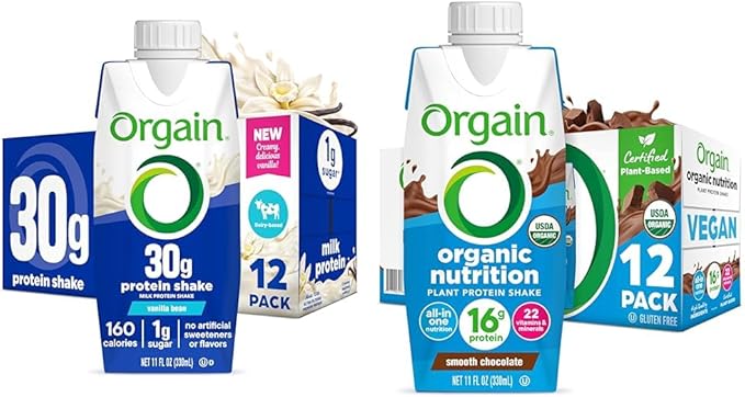 Bundle of Orgain 30g High Protein Shake Vanilla Bean 5g BCAAs 11 Fl Oz + Orgain Organic Nutritional Vegan Protein Shake Smooth Chocolate 16g Plant Based Protein 11 Fl Oz 12 Pack Each