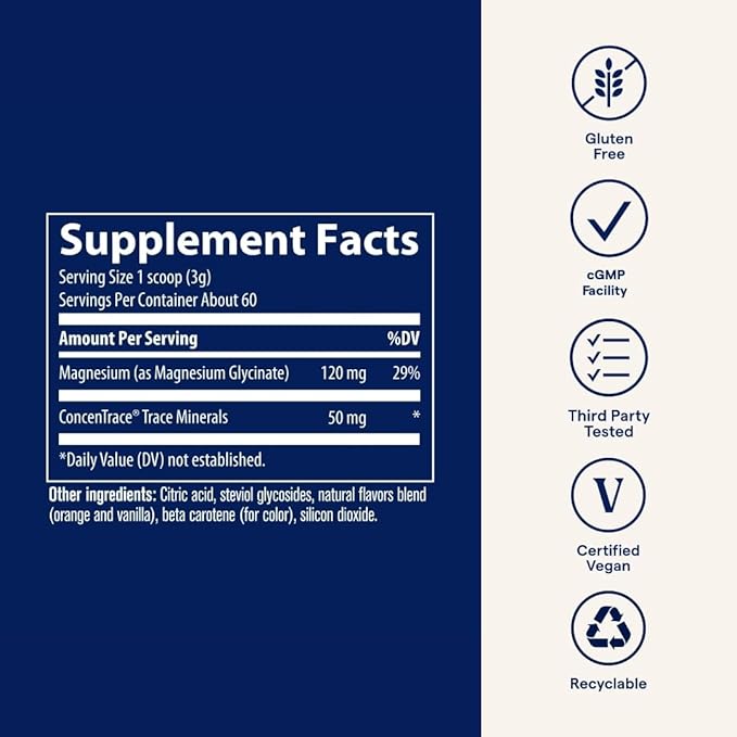Trace Minerals Magnesium Glycinate Powder - Daily Magnesium Powder for Sleep Support - Calming Bedtime Drink - Natural &amp Gentle - Orange Dream - 180g (60 Servings)