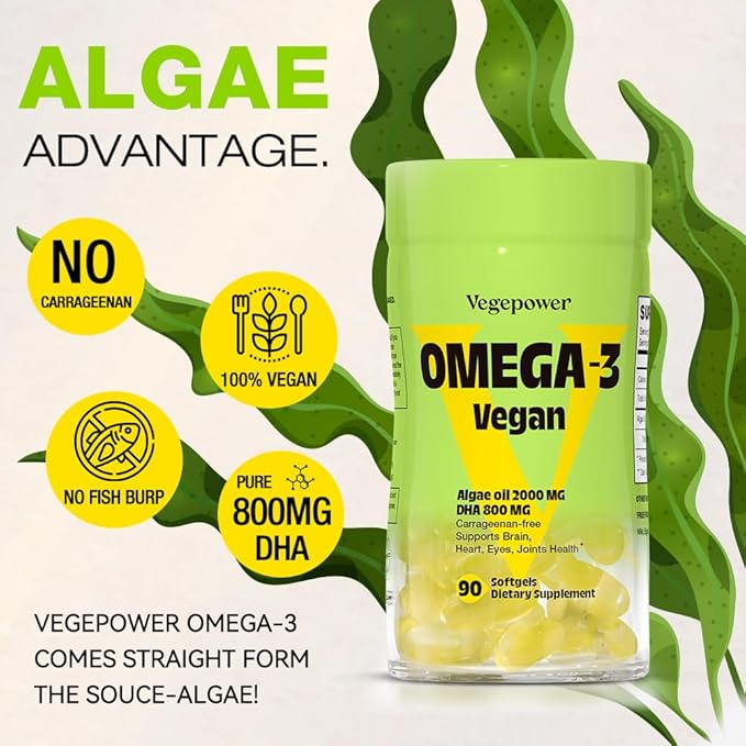 Vegan Omega-3 + Vitamin B12 Gummy | Algae Omega-3 DHA Supplements for Brain Heart Eyes Health | Methyl B12 1000 mcg &amp Vitamin D 5000 IU for Energy and Immune Support - 90 Count