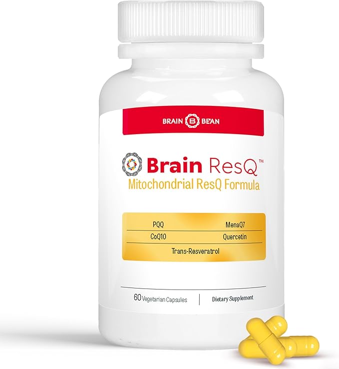 Brain ResQ Advanced Mitochondrial Formula with PQQ CoQ10 Trans Resveratrol MenaQ7 &amp Quercetin Supplement - 100mg of CoQ10 &amp 15mg PQQ – Supports Brain Heart &amp Cellular Health – 60 Capsu