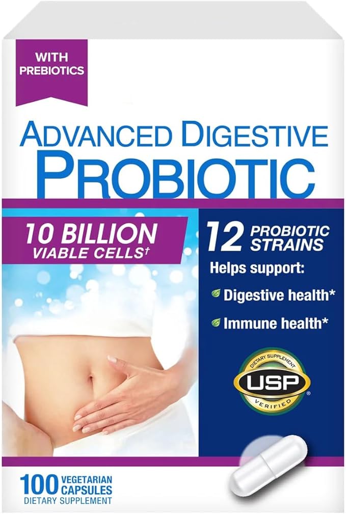 Advanced Digestive Probiotic 12 Strains 10 Billion Viable Cells Gluten Soy and Dairy Free - 100 Capsules