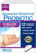 Advanced Digestive Probiotic 12 Strains 10 Billion Viable Cells Gluten Soy and Dairy Free - 100 Capsules