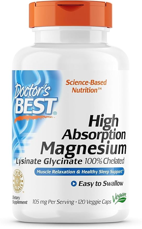 Doctor's Best High Absorption Magnesium Glycinate Lysinate 100% Chelated Non-GMO Vegan 120 Veggie Capsule (Pack of 1)