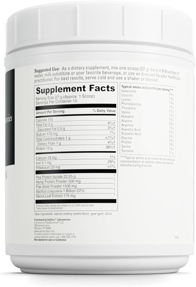 DaVinci Labs Vegan Protein - Protein Powder Supplement Supports Muscle &amp Tissue Repair* - Vegan Protein Supplement with Pea Protein &amp Flax Seed - Creamy Vanilla 15 Servings (405 g)