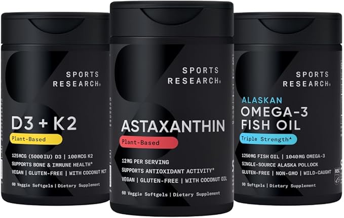 Sports Research® Antioxidant Support Pack w/Triple Strength Vegan Astaxanthin Supplement from Algae Omega-3 Fish Oil 1250mg and Vitamin D3 5000iu &amp Mk7 Vitamin K2 with Coconut MCT Oil
