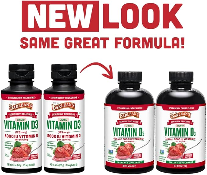 Barlean's Pack of 2 Vitamin D3 Liquid Supplement for Kids and Adults 5000 IU Vitamin D Strawberry Milkshake Non-GMO Gluten and Dairy Free 5.6 oz Each
