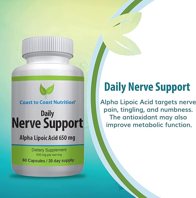 Nerve Support - Advanced Nerve Relief with Alpha Lipoic Acid 650 mg - Nerve Vitamins for Ease of Hands Legs and Foot Aches - 60 Capsules / 30 Day Supply