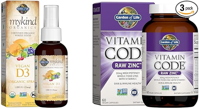 Garden of Life Organics Vegan Vitamin D3 Spray 1000 IU Zinc Supplements 30mg - Vitamin C Immune &amp Skin Health