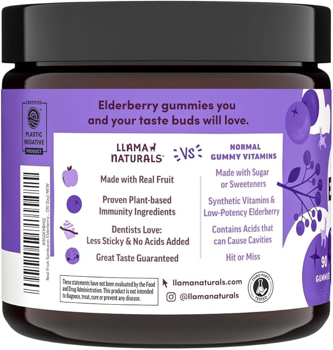 Llama Naturals Elderberry Gummies for Adults Vegan Organic Immune Support Supplement with Vitamin C and Zinc Real Fruit Gummy Vitamins for Immunity Chewable No Added Sugar Cane 90 Ct