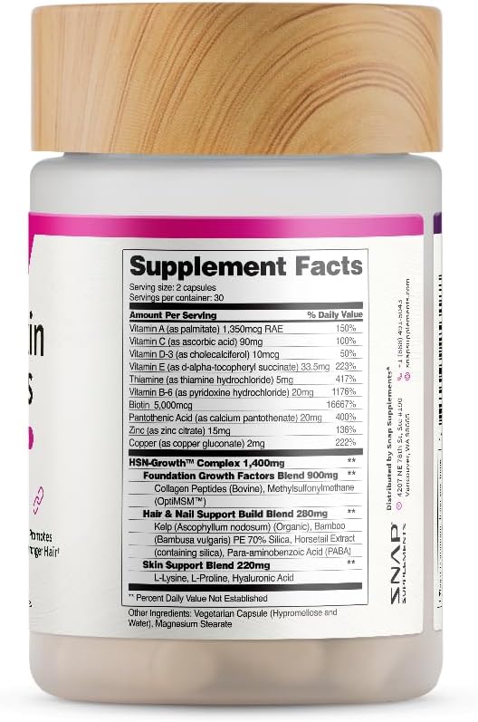 Snap Supplements Hair Skin and Nails Vitamins Support Hair Growth Nourish Skin and Nails with Biotin Collagen Kelp Bamboo and Other Vitamins Radiant Skin Strong Hair and Nails 60 Capsules