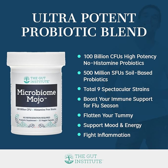 Microbiome Mojo 2-in-1 High Potency Probiotics - 100 Billion CFUs Plus 500 Million viable Soil-Based Probiotics per Capsule - 28 Count - No Refrigeration Needed - Made in The USA