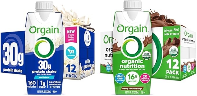 Bundle of Orgain 30g High Protein Shake Vanilla Bean 5g BCAAs 11 Fl Oz + Orgain Organic Nutritional Protein Shake Creamy Chocolate Fudge - 16g Grass Fed Whey Protein 11 Fl Oz 12 Pack Each