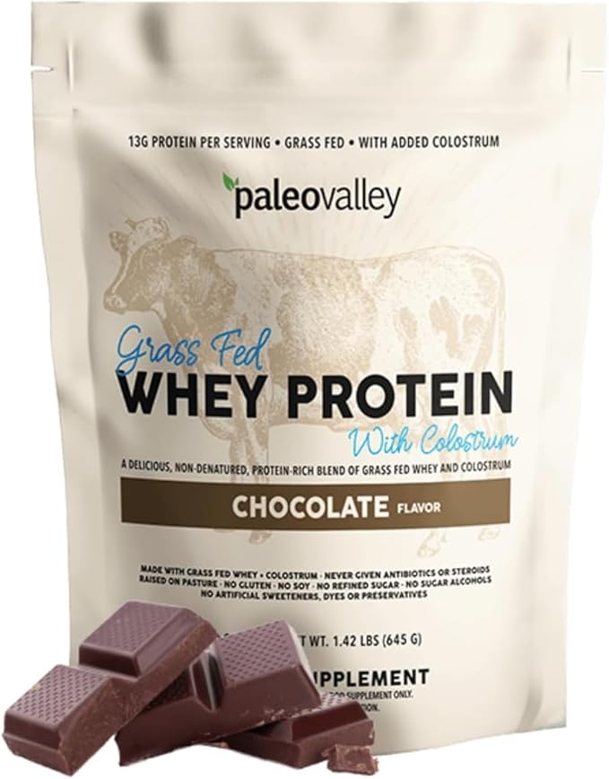 Paleovalley 100% Grassfed Whey Protein Powder with Colostrum 30 Serving - Chocolate 13g Protein Muscle Building Immune Support Gut Health
