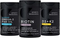 Sports Research Body Wellness Pack - Vegan Biotin 10000 mcg (120 Softgels) Triple Strength Omega 3 Fish Oil 1250 mg (90 Softgels) and Vegan Vitamin D3 5000iu + K2 100mcg Mk7 (60 Softgels)