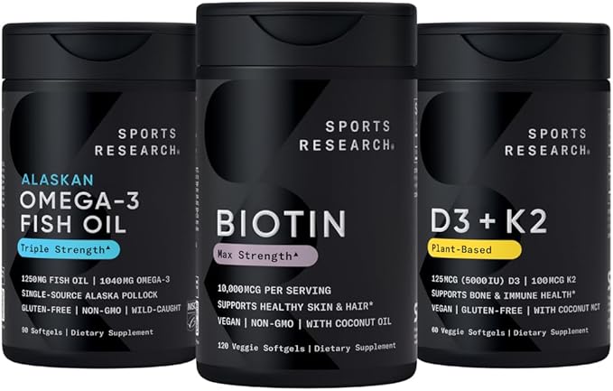 Sports Research Body Wellness Pack - Vegan Biotin 10000 mcg (120 Softgels) Triple Strength Omega 3 Fish Oil 1250 mg (90 Softgels) and Vegan Vitamin D3 5000iu + K2 100mcg Mk7 (60 Softgels)